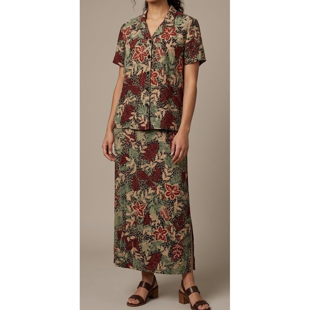 Vintage 90s Requirements 2 Pc Dress Set S Fall Floral Leopard Print Leaf Modest